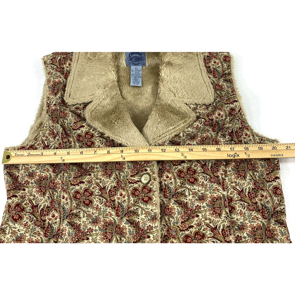 Cambridge Dry Goods Corduroy Vest Womens Large Tan Red Floral Faux Fur Button Up - Picture 6 of 10